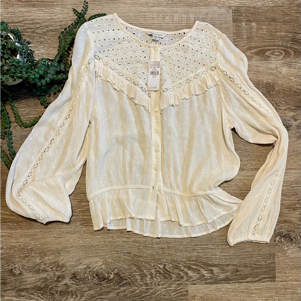 American Eagle Outfitters Cream Blouse with Lace Details